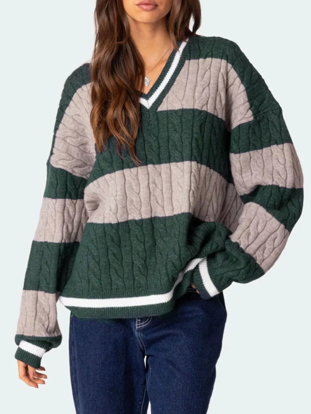 Striped Cable Knit V-Neck Sweater