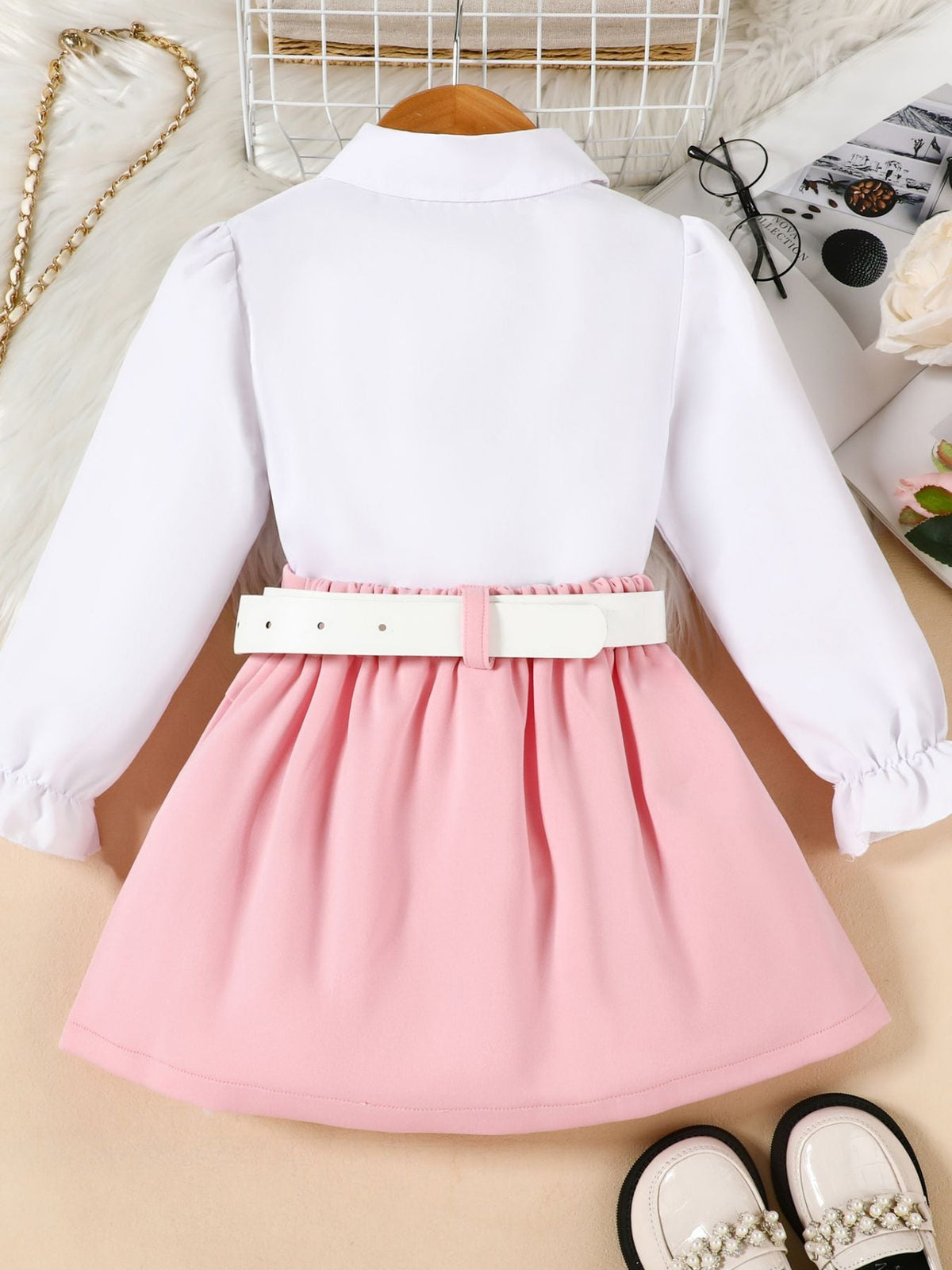 Children's Long Sleeve Shirt & Pleated Skirt Set with Belt