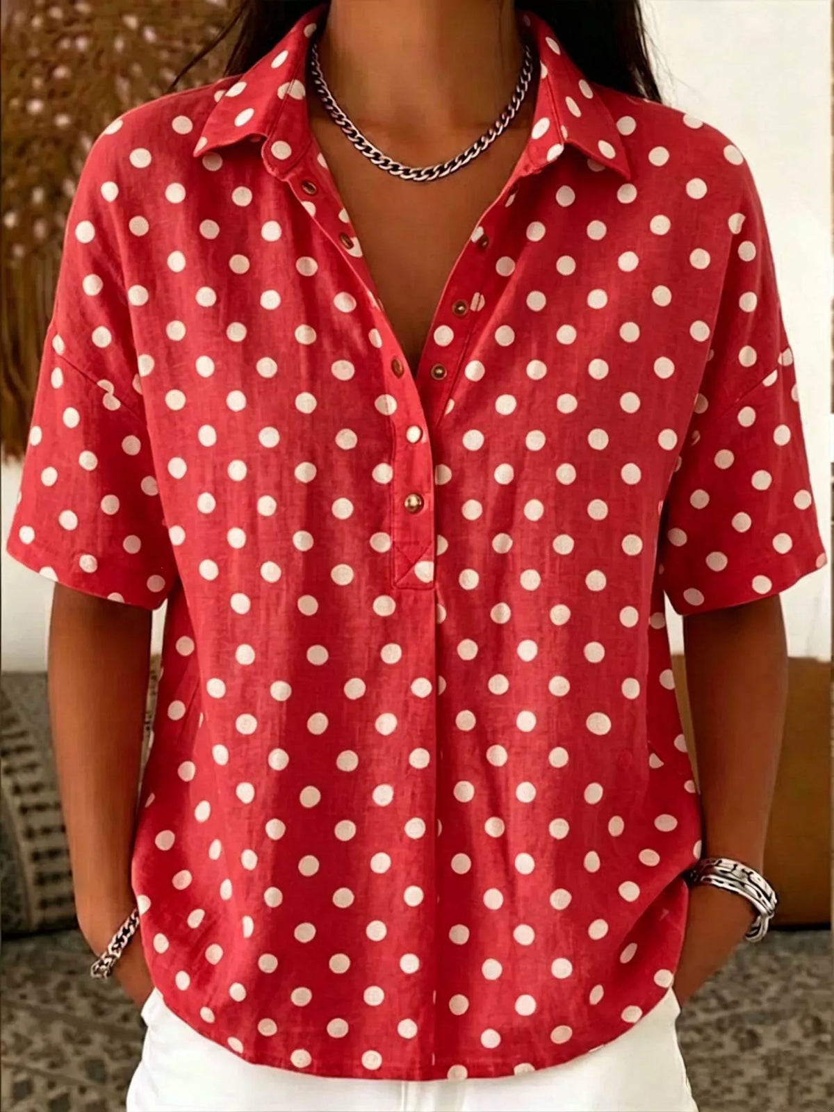 Full Size Polka Dot Short Sleeve Shirt Plus Size