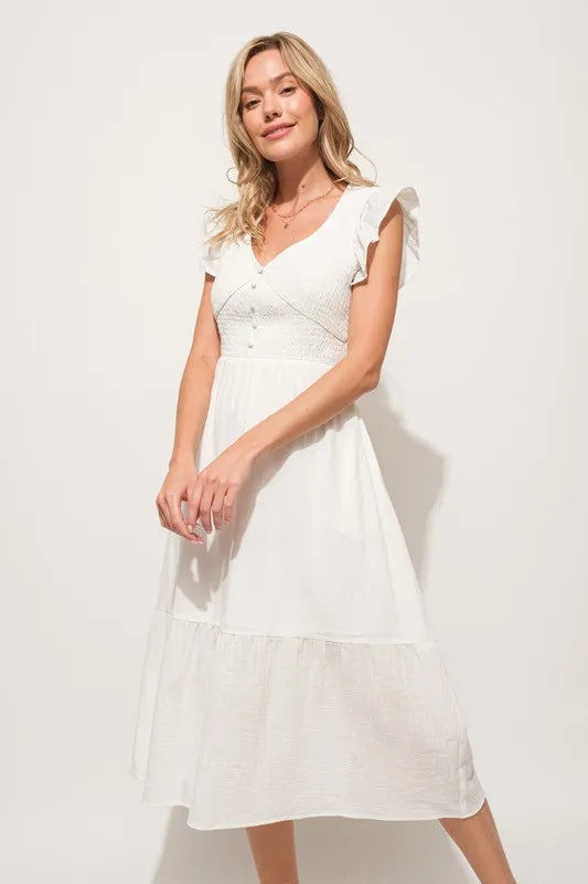 And The Why Ruffle Sleeve Front Smocked Tiered Midi Dress
