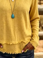 V-Neck Long Sleeve Blouse with Frayed Hem Detail