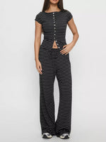 Striped Button-Down Top and Wide-Leg Pants Set