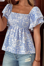 Floral Print Square Neck Ruffled Sleeve Shirred Babydoll Blouse