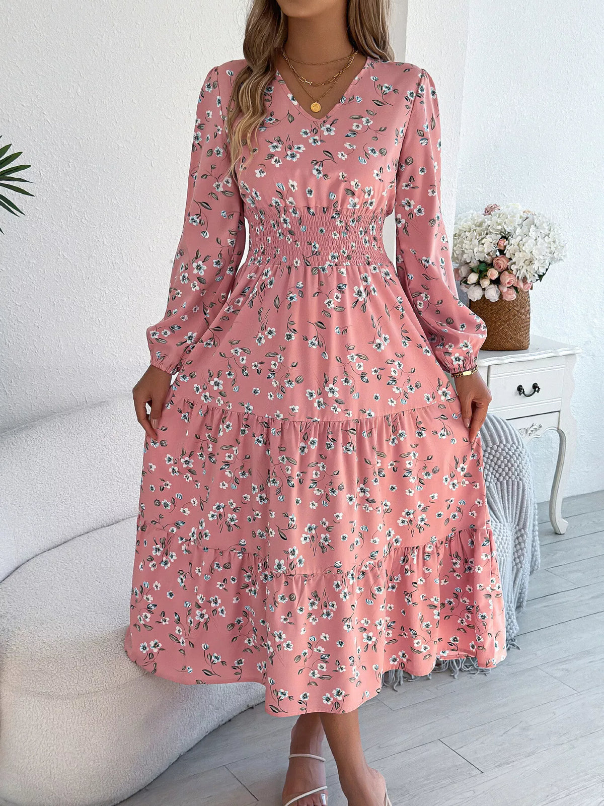 Floral Print Long Sleeve V-Neck Midi Dress