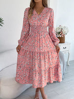 Floral Print Long Sleeve V-Neck Midi Dress