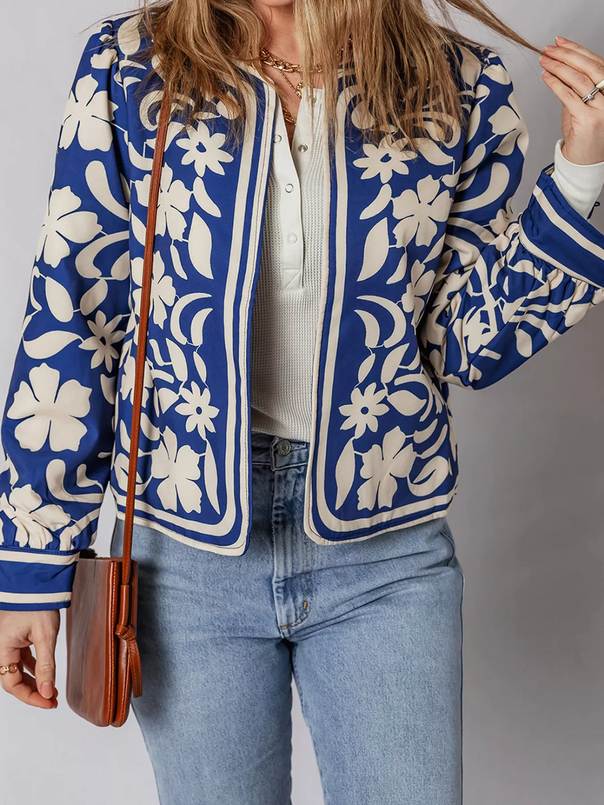 Flower Print Open Front Buttoned Cuffs Elegant Jacket