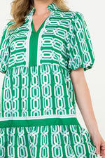 Abstract Patterned V Neck Puff Short Sleeve Mini Dress