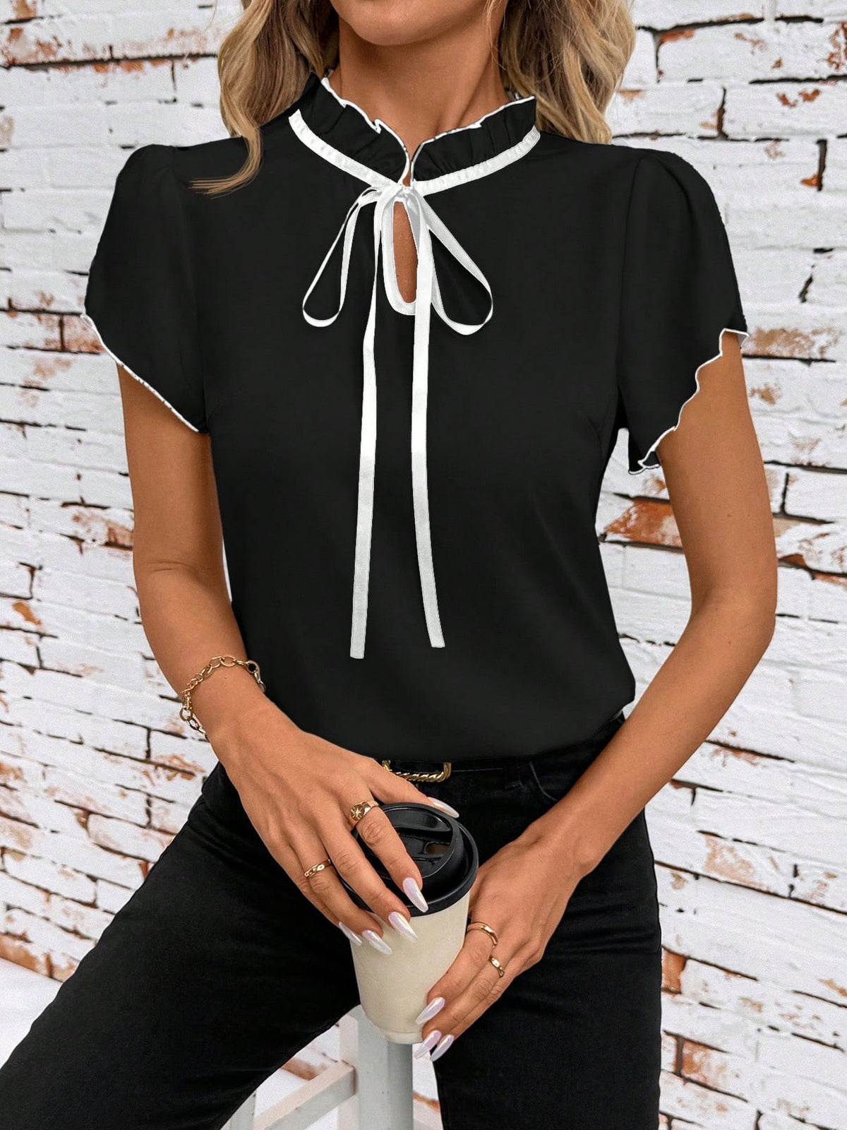 Tie Neck Short Sleeve Blouse