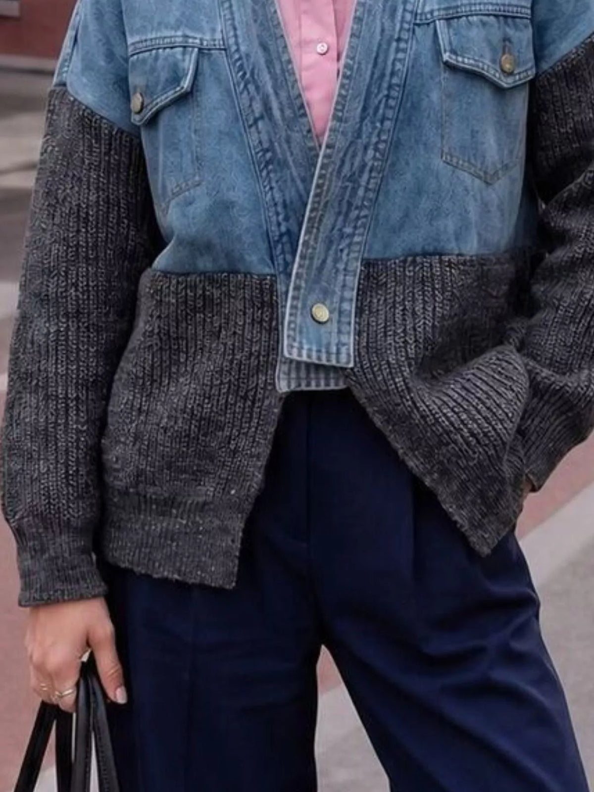 Contrast Denim and Knit Patchwork Cardigan