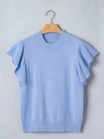 Solid Color Ribbed Trim Round Neck Ruffle Short Sleeve Sweater