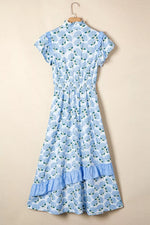 Hydrangea Floral Print Ruffle Trim Flutter Sleeve Dress