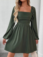 Ruched Square Neck Long Sleeve A-Line Dress