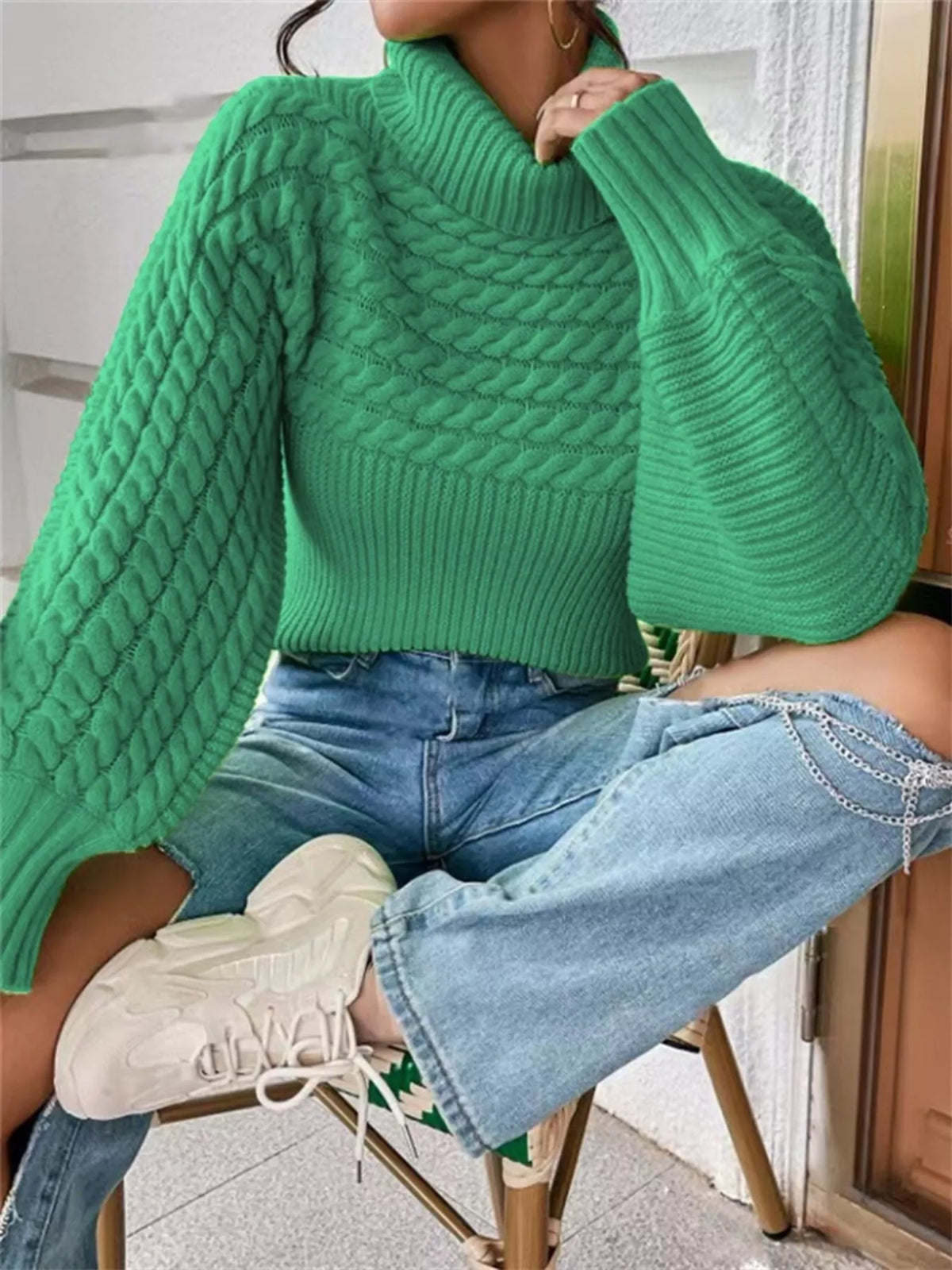 Textured Knit Turtleneck Long Sleeve Sweater