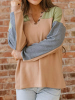 Color Block Thermal Textured Knit Drop Shoulder Henley Top
