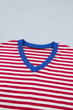 Stripe Colorblock Trim V Neck Tee Drawstring Elastic Waist Shorts Set