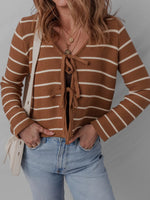 Tie Front Striped Knit V Neck Cardigan