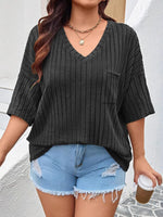 Plus Size V-Neck Ribbed Knit T-Shirt