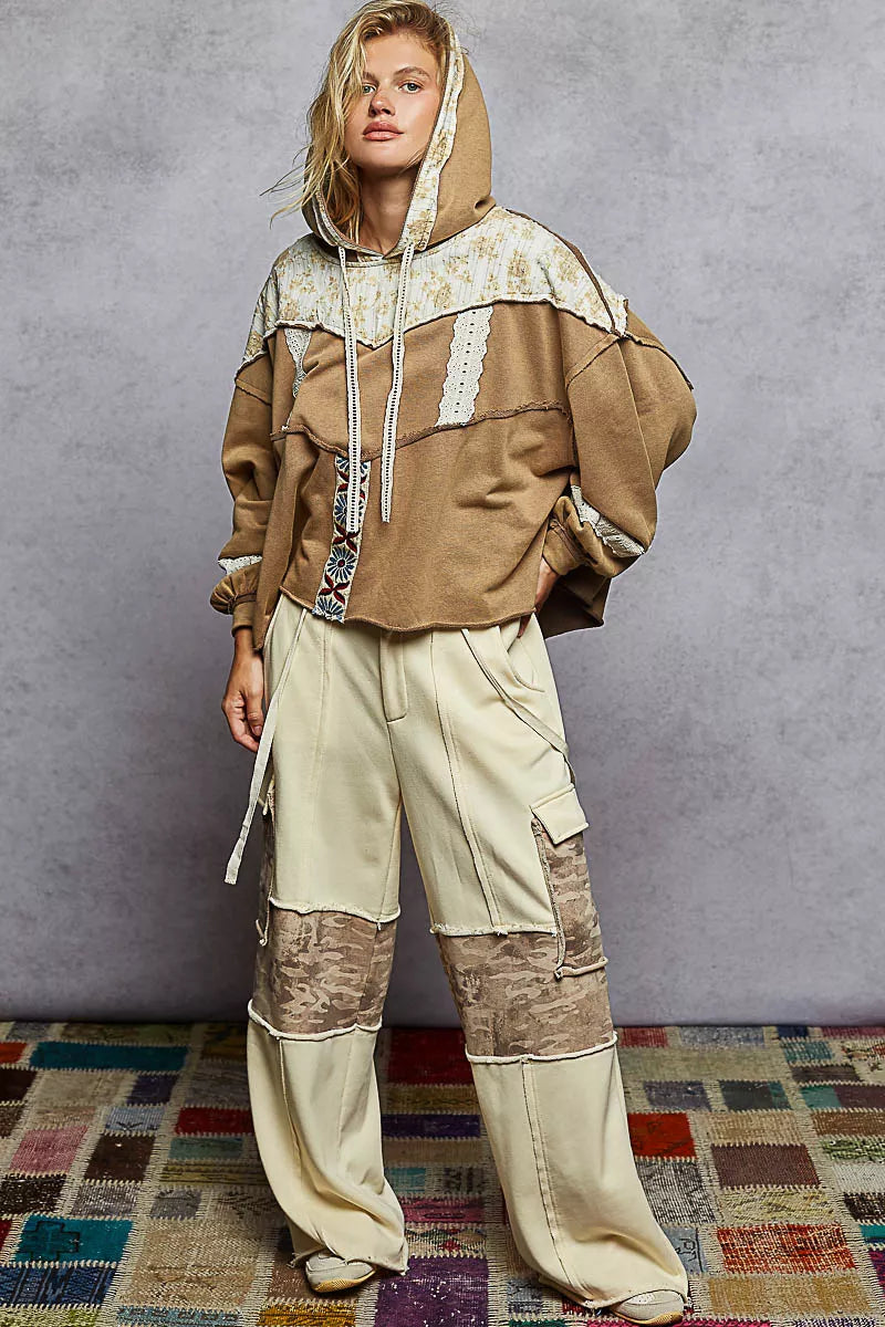 POL Drawstring French Terry Hoodie with Gauze Print Patch