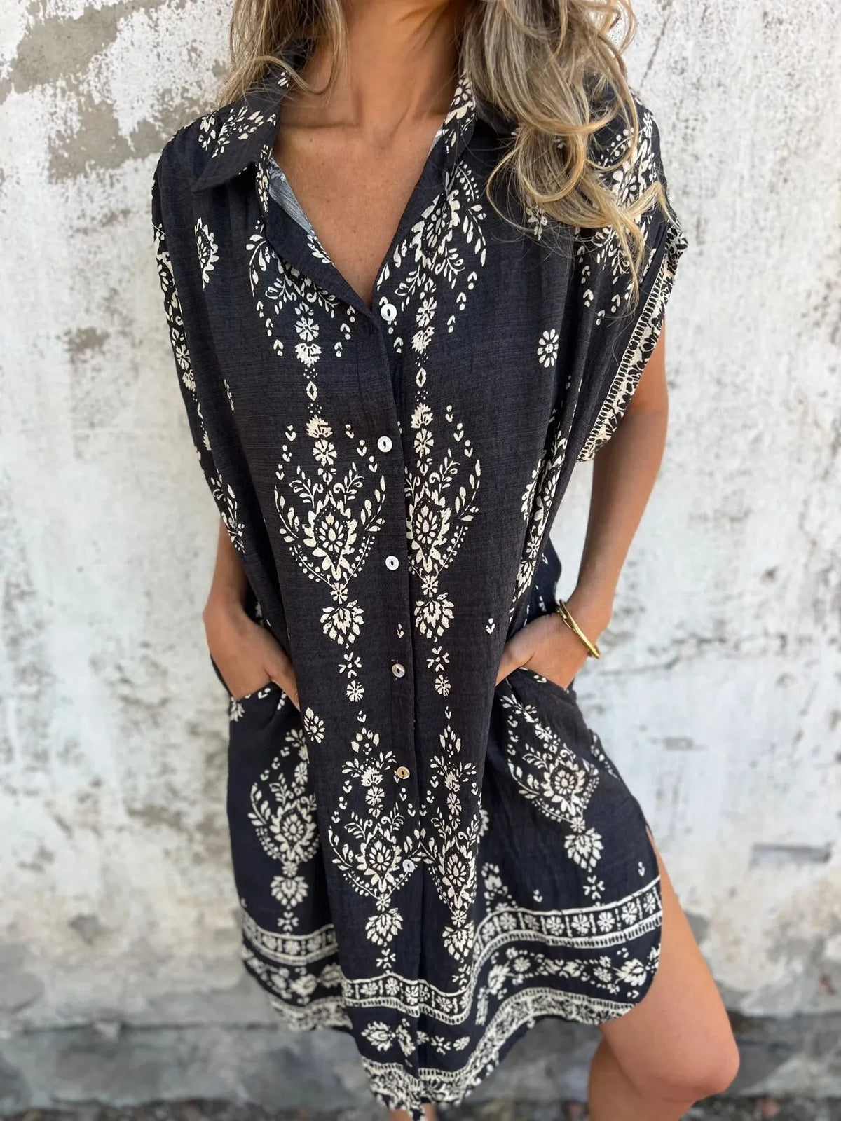 Full Size Printed Short Sleeve Button-Up Shirt Dress Plus Size