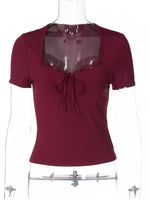 Sweetheart Neck Lace Trim Tie-Front T-Shirt