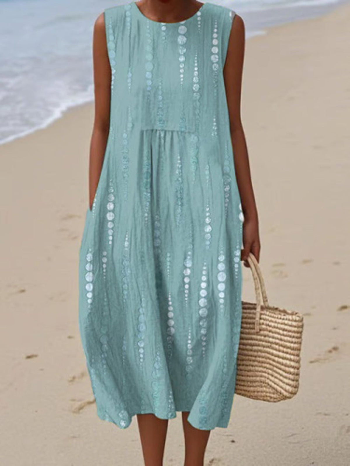 Full Size Round Neck Sleeveless Casual Midi Dress Plus Size