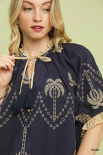 Umgee Embroidered Palm Print Tassel Tie Blouse