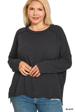Zenana Full Size Exposed Seam Long Sleeve Corded Rib Knit Top Plus Size