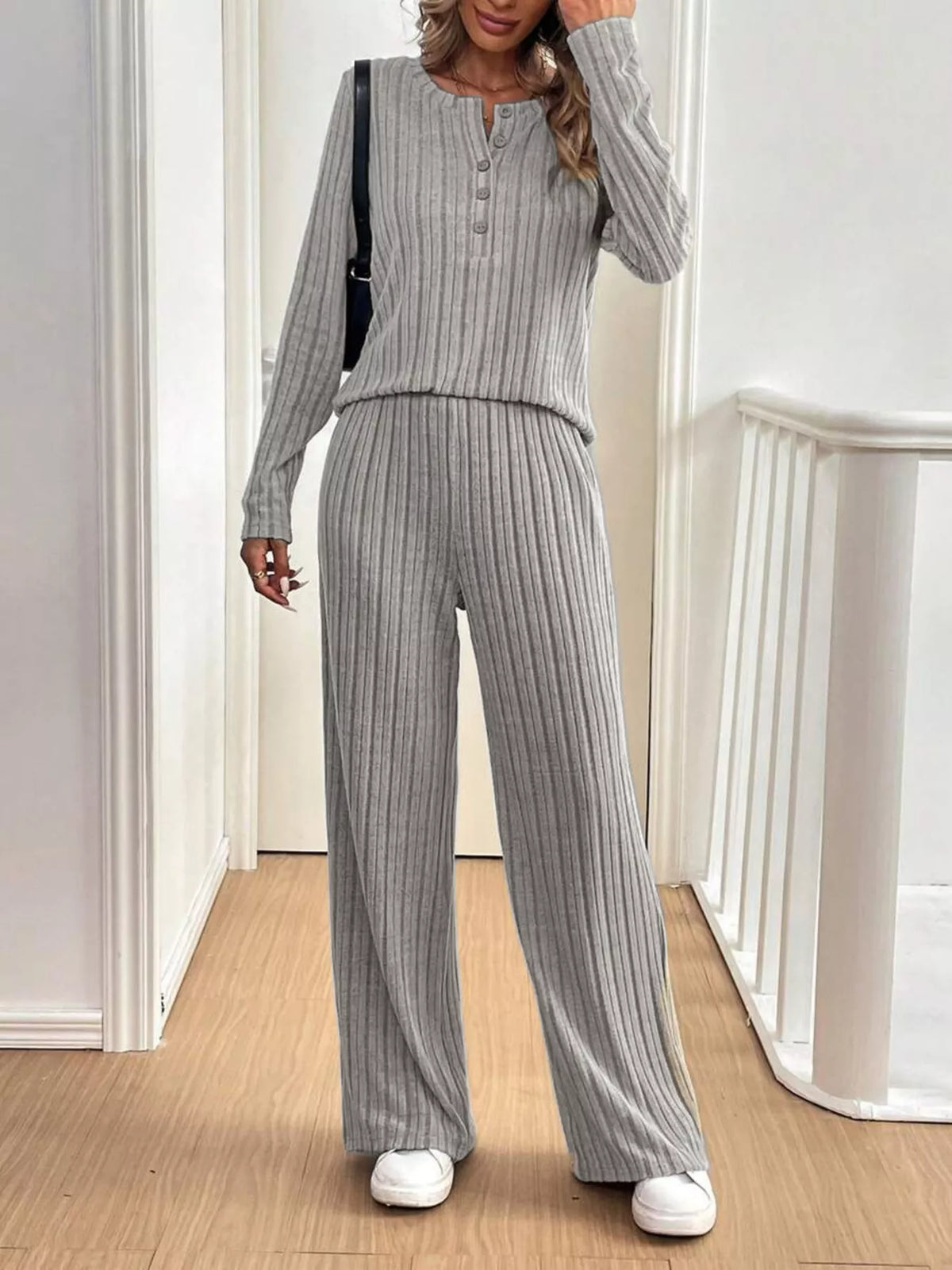 Button Detail Long Sleeve Top and Pants Set