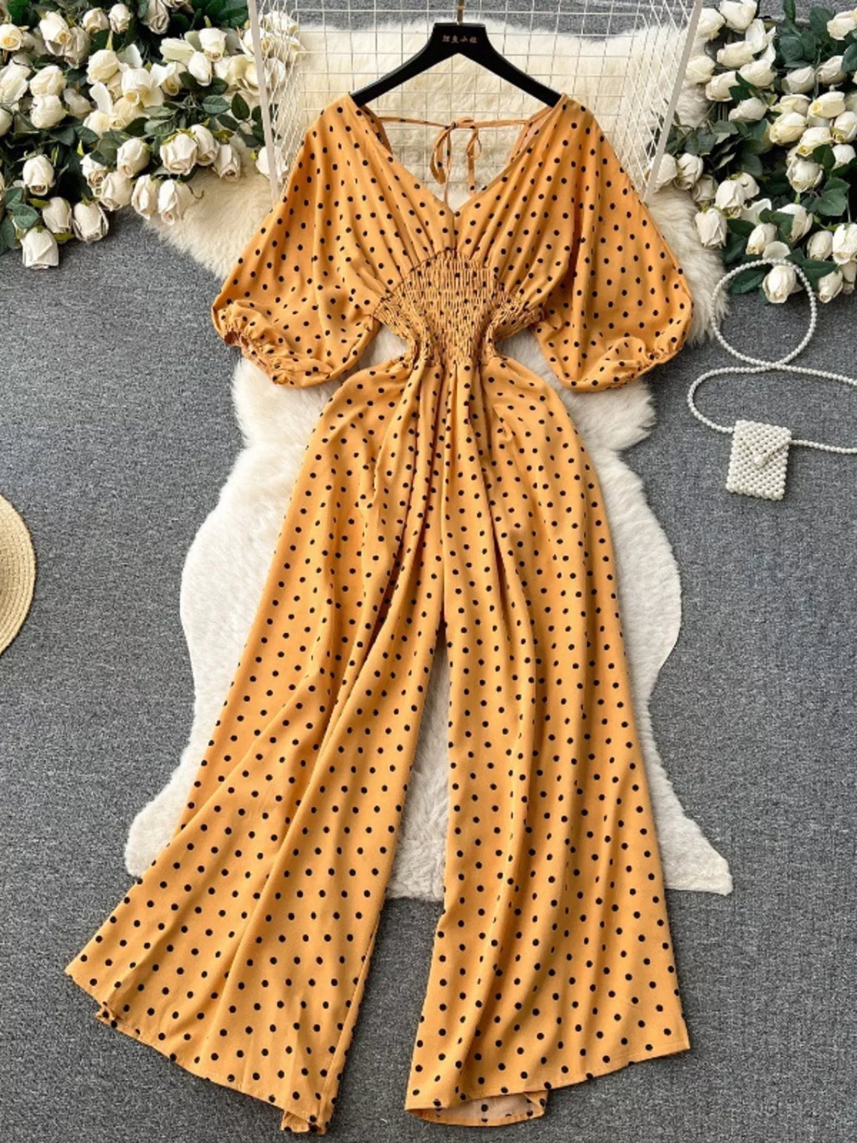 Smocked V-Neck Wide Leg Jumpsuit
