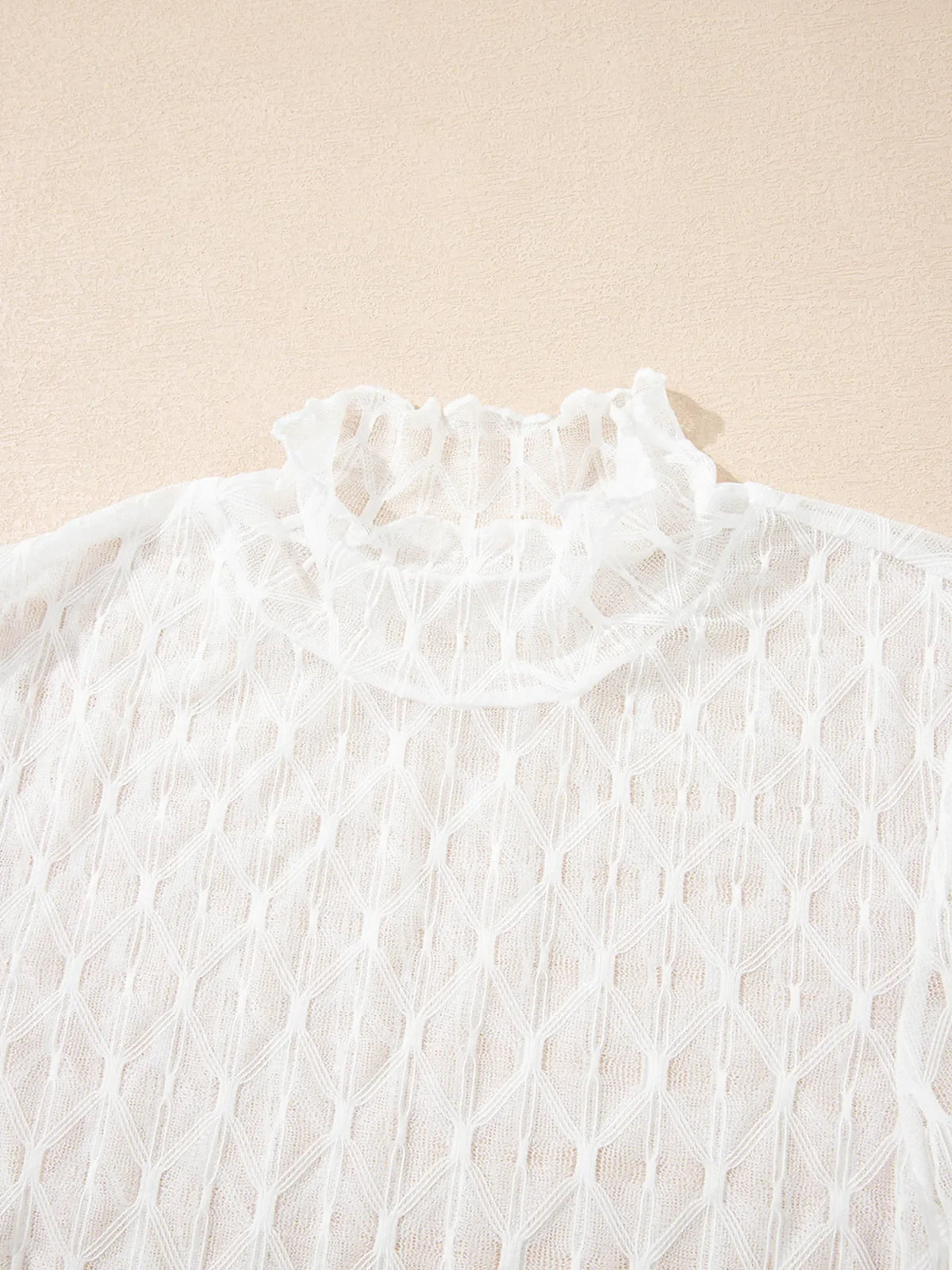Sheer Mesh Patterned Lettuce Trim Slim Long Sleeve Top