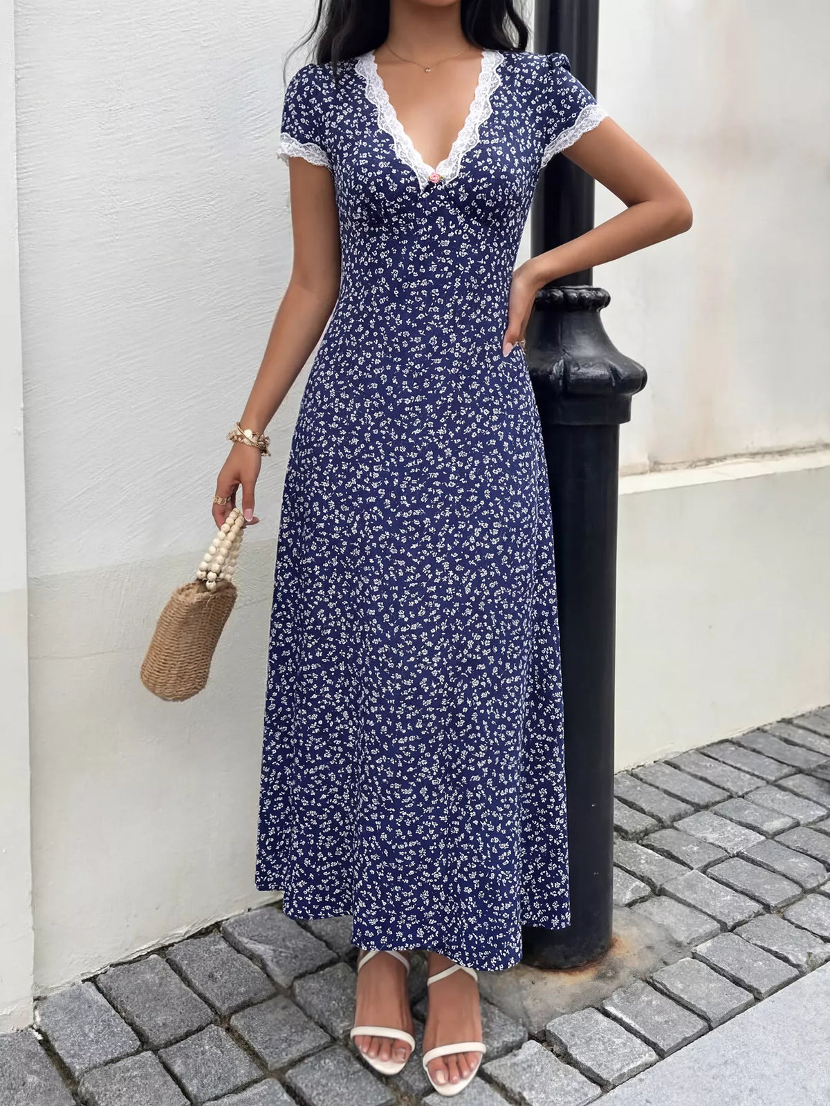 Floral Print Lace Trim Maxi Dress