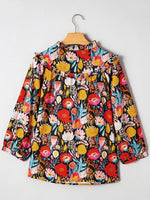 Floral 3/4 Puff Sleeve Tied Neck Blouse