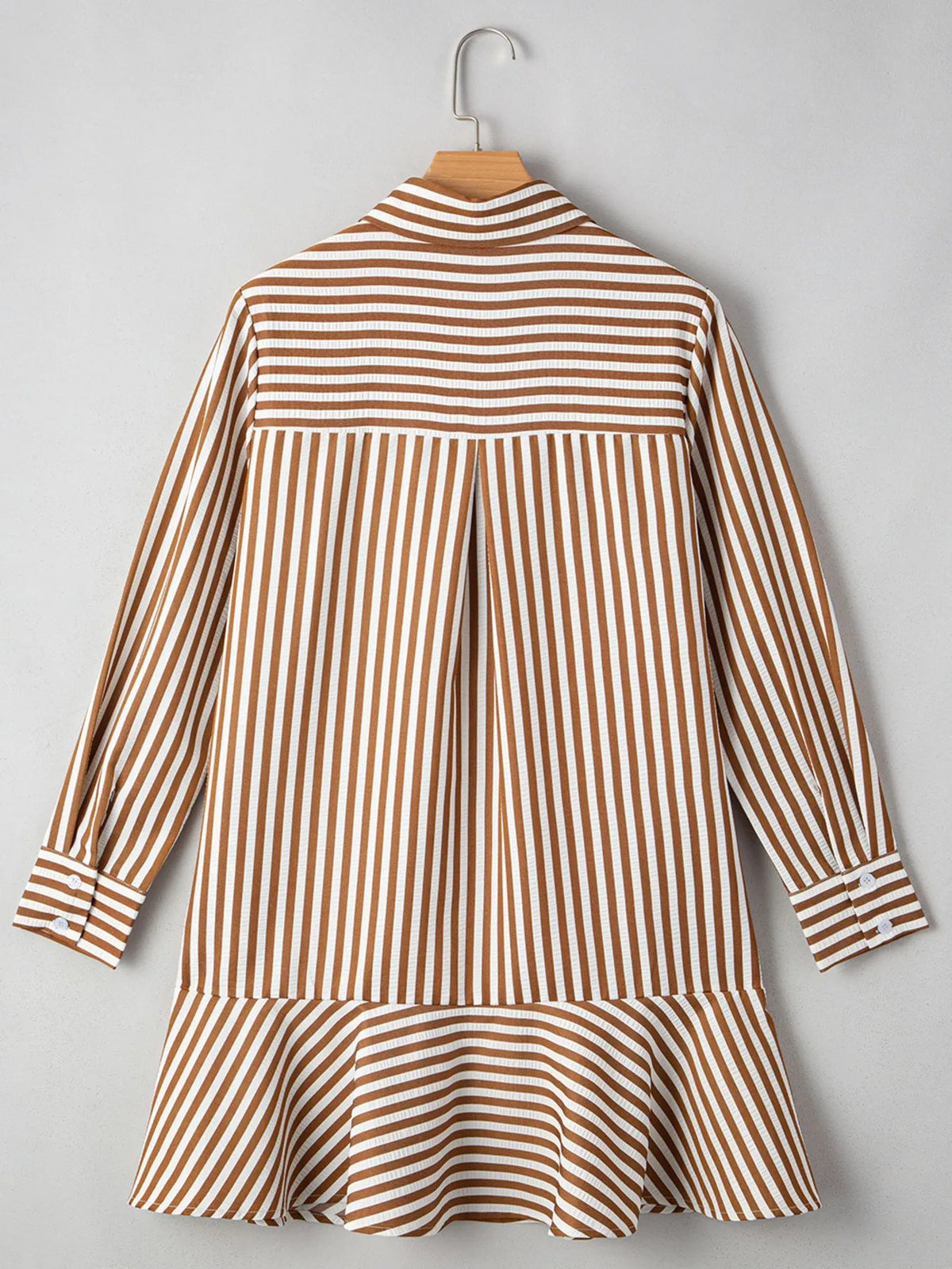 Stripe Ruffled Hem Collared Long Sleeve Shirt Mini Dress