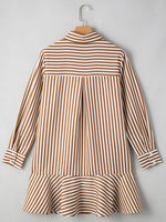 Stripe Ruffled Hem Collared Long Sleeve Shirt Mini Dress