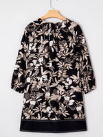 3/4 Sleeve Botanical Print Split Neck Loose Mini Dress