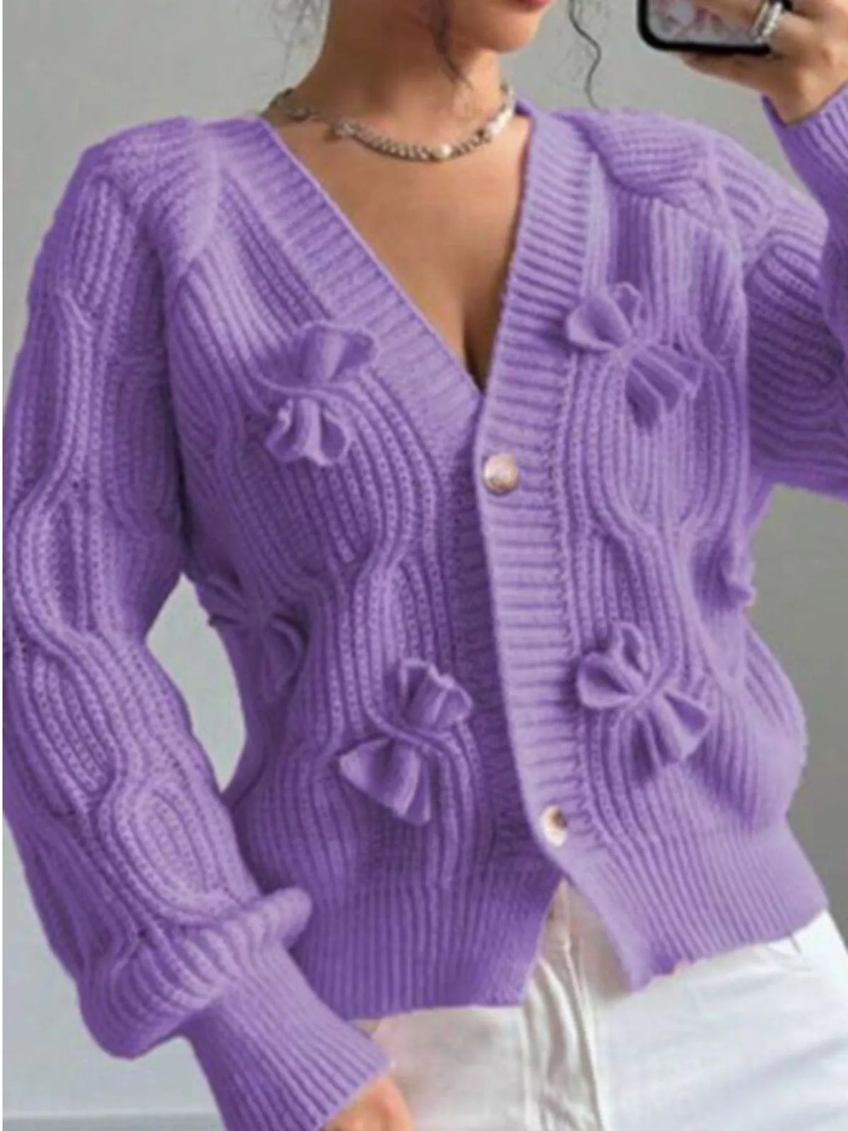 Bow Cable Knit V-Neck Cardigan