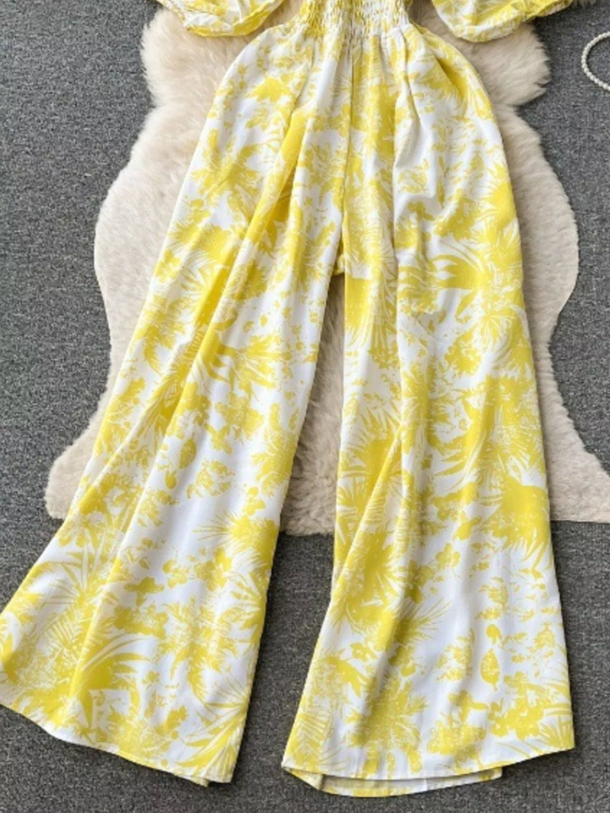 Smocked V-Neck Wide Leg Jumpsuit