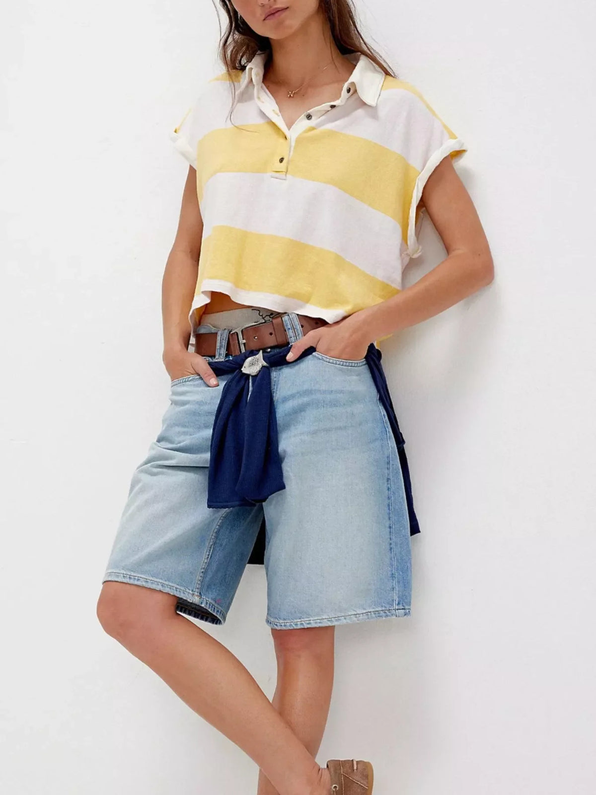 Half Button Striped Short Sleeve Cropped Polo Shirt