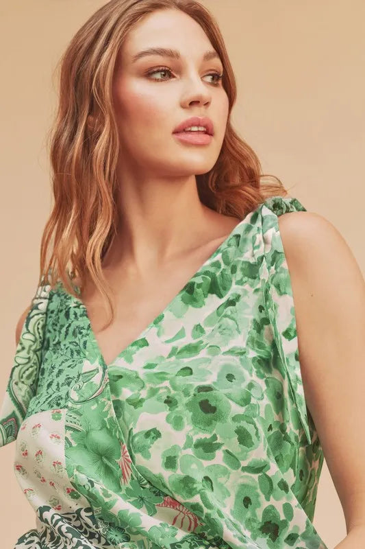 Aemi + Co Smocked Hem Printed Surplice Tank