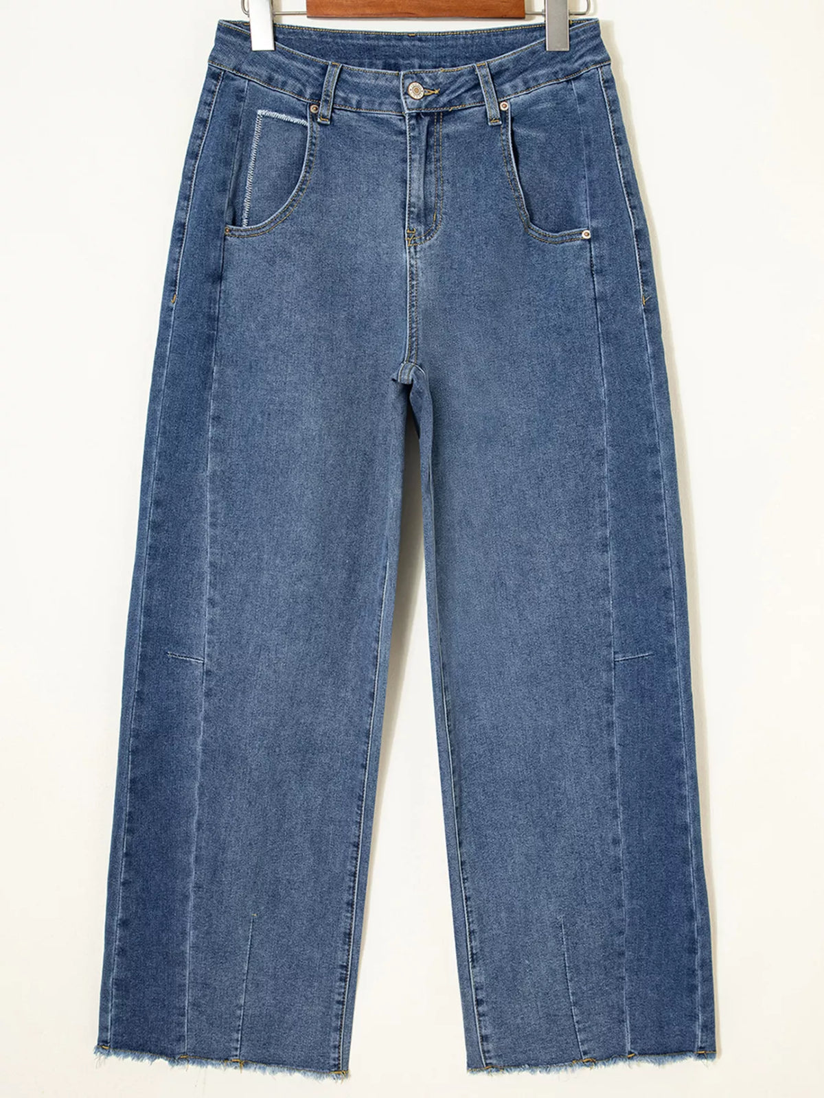 Stitched Raw Hem Wide Leg Loose Jeans