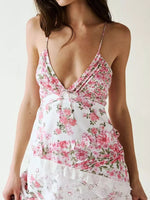 Lace Detail Ruffled Floral V-Neck Maxi Dress
