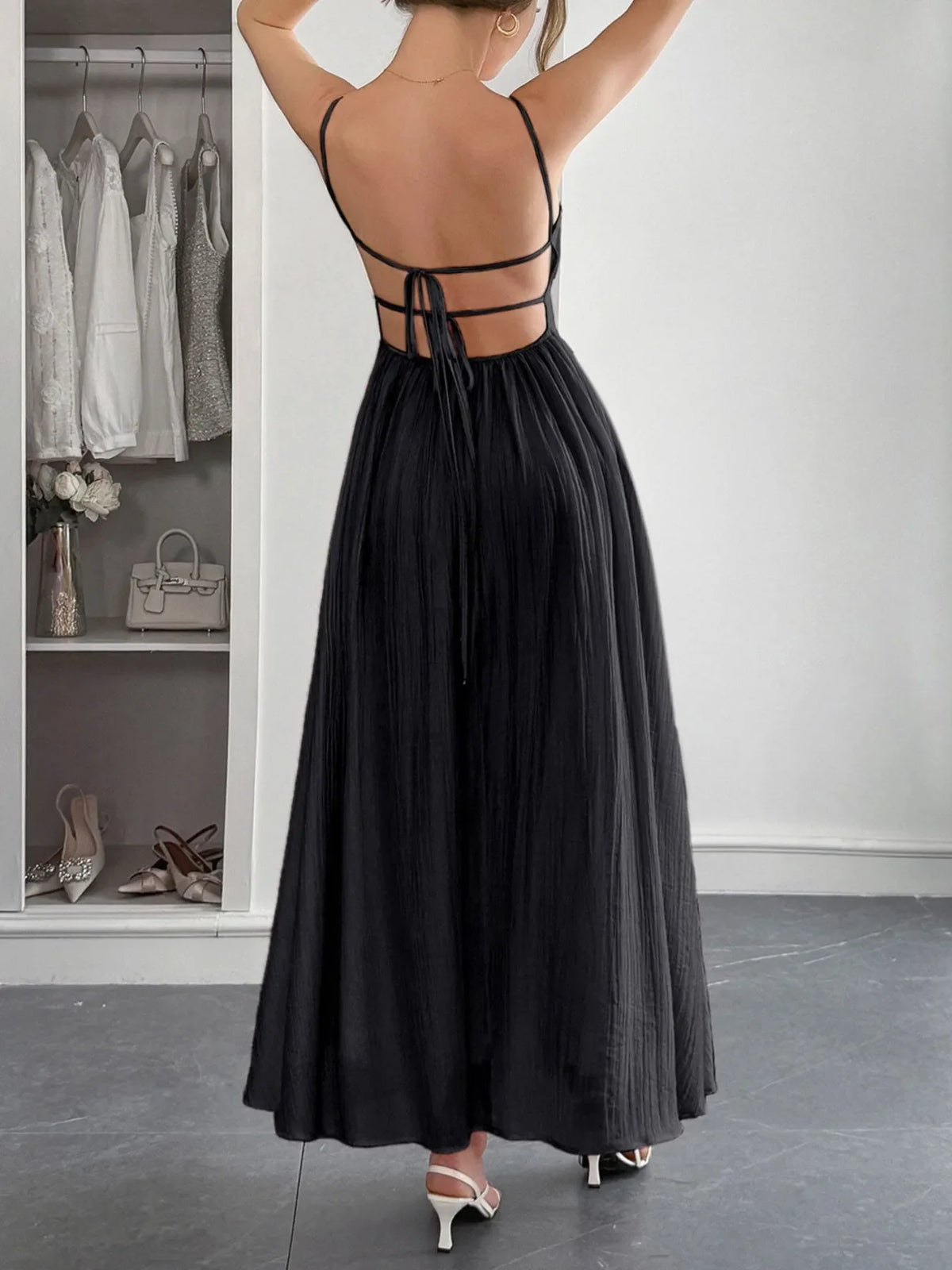 Texture Sweetheart Neck Backless Cami Dress