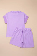 Stripe Dolman Sleeve Polo Shirt and Drawstring Shorts Set