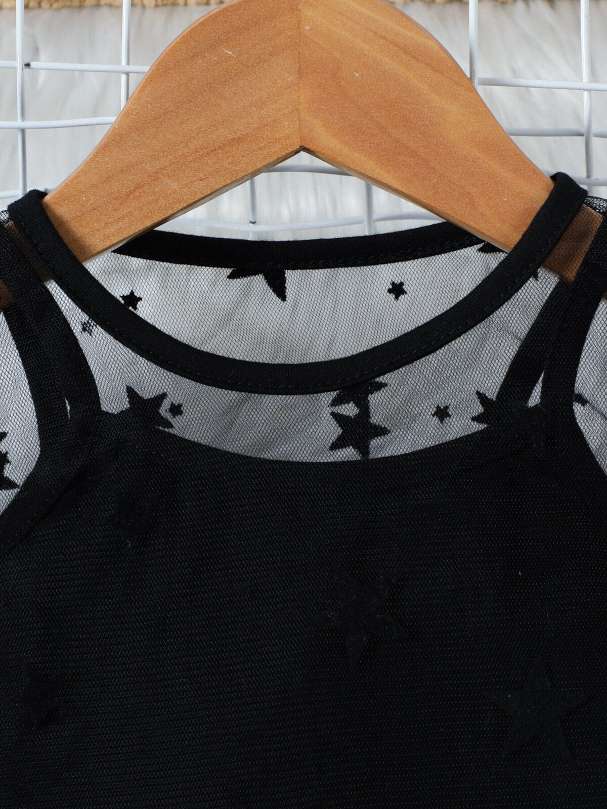 Children's Cami & Star Print Mesh Top & Ruffle Denim Skirt Set
