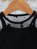 Children's Cami & Star Print Mesh Top & Ruffle Denim Skirt Set