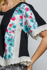 POL Round Neck Ribbed Cropped Top with Lace Detail