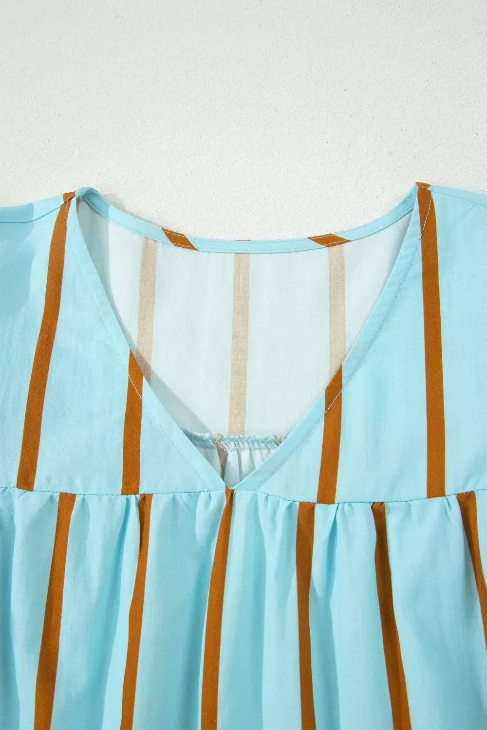 Stripe Ricrac Trim Double Ruffled Short Sleeve V Neck Blouse