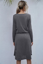 Drawstring Waist Round Neck Long Sleeve Dress