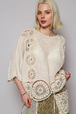 POL Round Neck Crochet Top with Floral Embroidery Detail