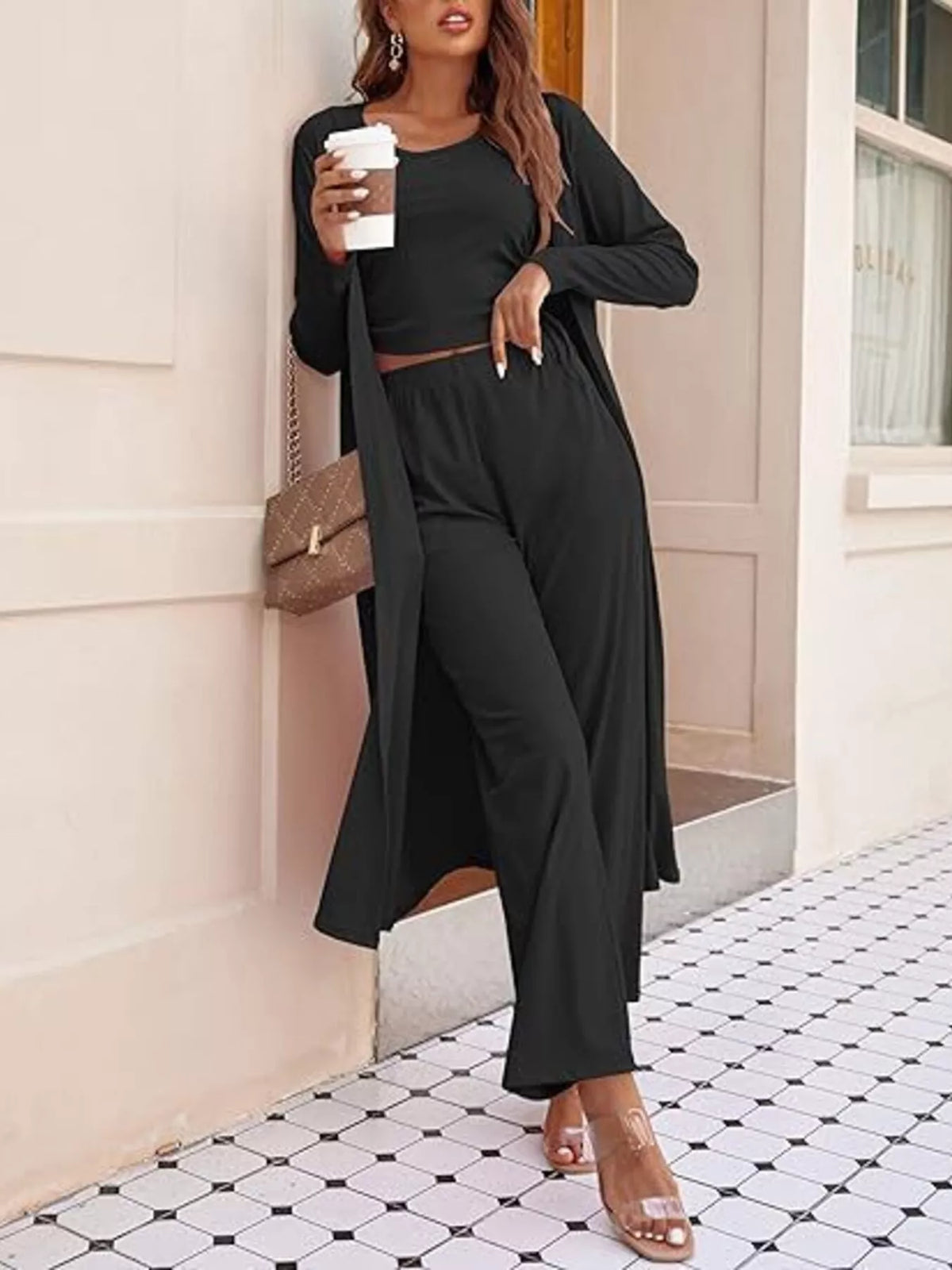 Round Neck Tank & Cardigan & Pants Set